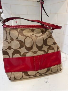 Coach Tan Signature Canvas Shoulder Bag with Red Leather Accent